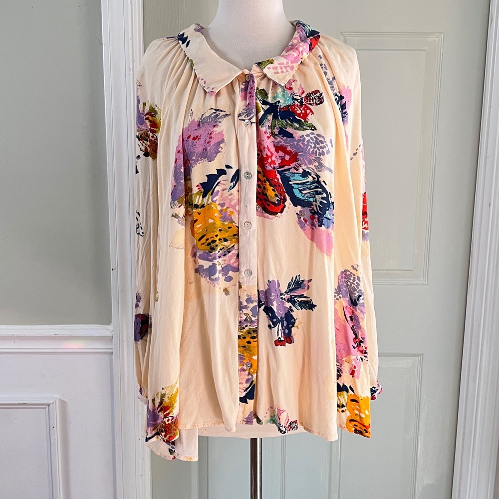 Free People Blouse Oversized Womens Floral Button Down Peach Boho Peasant Top